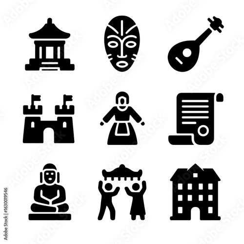 Cultural Preservation Icons. Solid, filled icons set of Cultural preservation: old temple, ancestral mask,