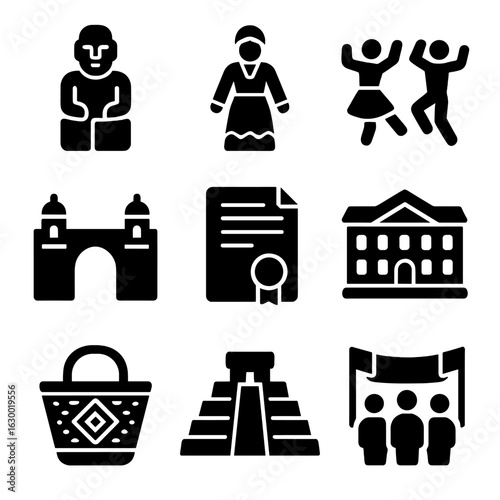 Cultural Roots Icons. Solid, filled icons set of Celebrating cultural roots: ancient statue, traditional dress
