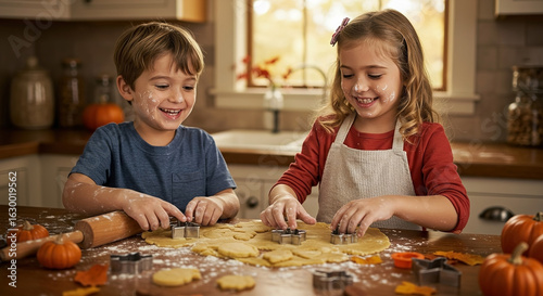 Children enjoy baking cookies in a cozy kitchen during autumn season while surrounded by decorations