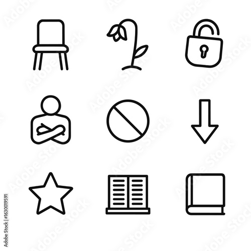 Helplessness Icon Set. Outline icon set of helplessness symbols: empty chair, wilted flower, broken lock, crossed arms, no entry