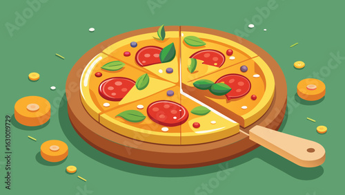 Isometric pepperoni pizza with basil and blueberries on a wooden board with a slice removed for serving