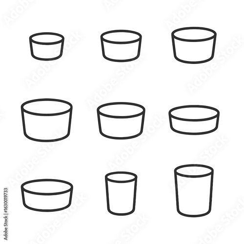 Ramekin Size Icons. Outline icon set of ramekin sizes: mini ramekin, small ramekin, medium ramekin, large ramekin, deep ramekin,