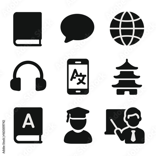 Culture Learning Icons. Solid, filled icons set of Language and culture learning: book, speech bubble, globe,