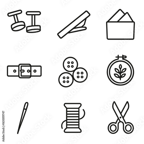 Custom Accessories Icons. Outline icon set of custom clothing accessories: cufflinks, tie clip, pocket square,