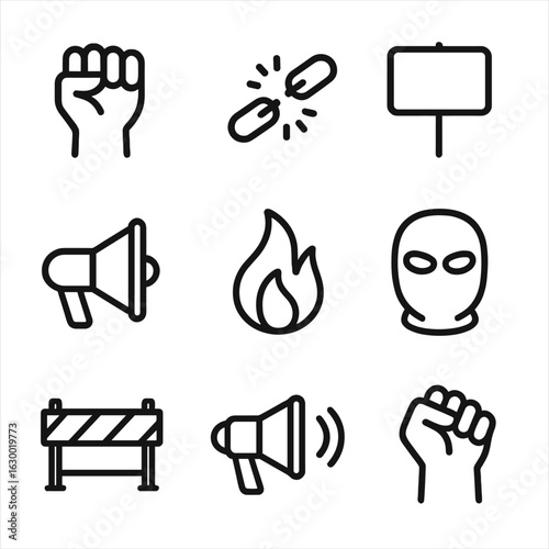 Rebellion Icon Set. Outline icon set of rebellion: raised fist, broken chains, protest sign, megaphone, flame, mask, barricade,