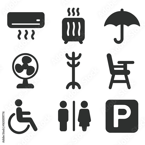 Customer Comfort Icons. Solid, filled icons set of customer comfort: air conditioning, heater, umbrella, fan,