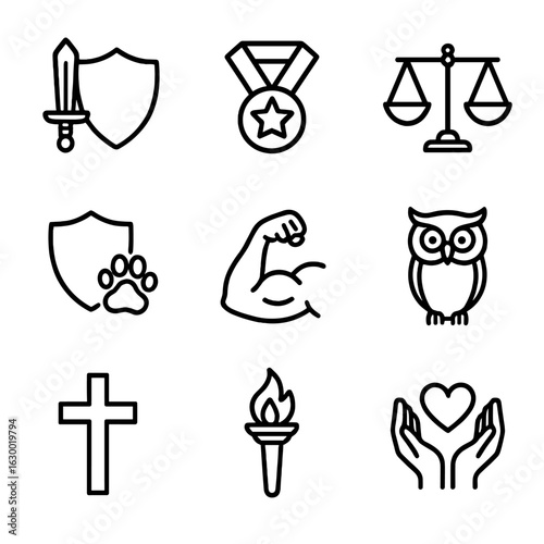 Heroic Virtues Icons. Outline icon set of heroic virtues: courage, honor, justice, loyalty, strength, wisdom, sacrifice, truth,
