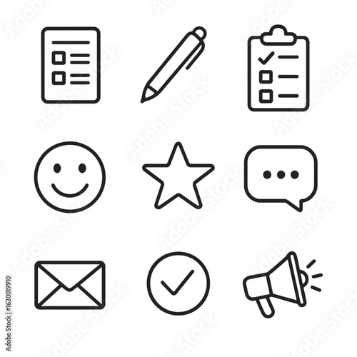 Customer Feedback Icons. Outline icon set of customer feedback collection: feedback form, pen, survey