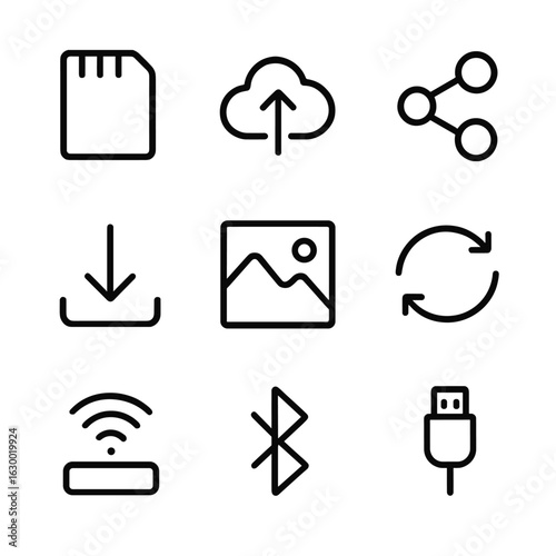 Camera Storage Icons. Outline icon set of phone camera storage and sharing: memory card, cloud upload, share icon, download, photo
