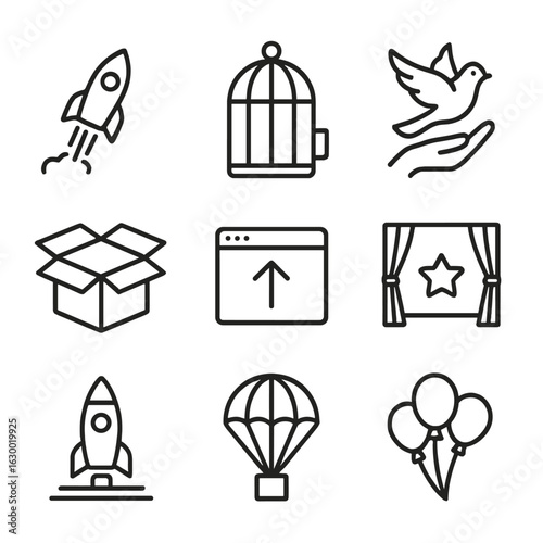 Release Icons Set. Outline icon set of release concepts: rocket launch, open cage, hand releasing bird, unboxing, software upload,