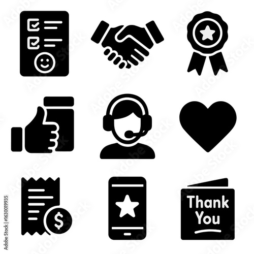 Customer Loyalty Icons. Solid, filled icons set of loyal customer engagement: feedback form, handshake deal,