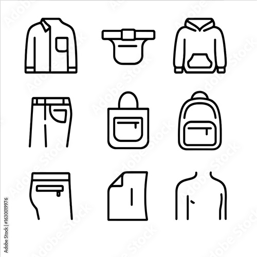 Hidden Pocket Icons. Outline icon set of hidden pocket types: jacket inner pocket, concealed belt pocket, hidden hoodie pocket,