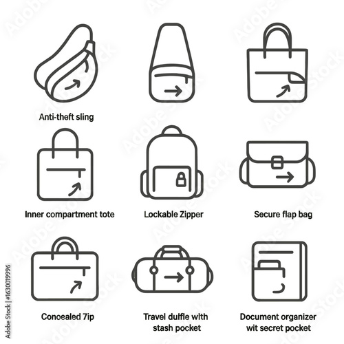 Hidden Pocket Bag Icons. Outline icon set of hidden pocket bags: anti-theft sling, crossbody pouch with hidden zip, inner