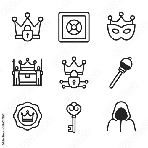 Hidden Royal Icons. Outline icon set of hidden royal power: crown with lock, secret vault, royal mask, guarded treasure, encrypted