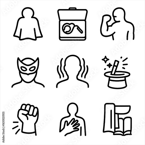 Hidden Powers Icons. Outline icon set of hidden powers: invisible cloak, secret weapon, concealed strength, masked energy, hidden