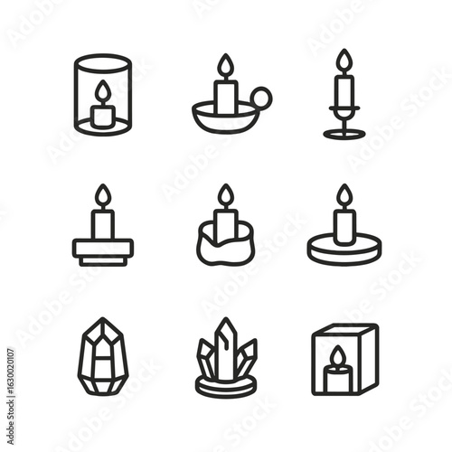 Candleholder Icon Set. Outline icon set of candleholders by material: glass holder, ceramic holder, metal stand, wood base, resin