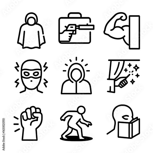 Hidden Powers Icons. Outline icon set of hidden powers: invisible cloak, secret weapon, concealed strength, masked energy, hidden