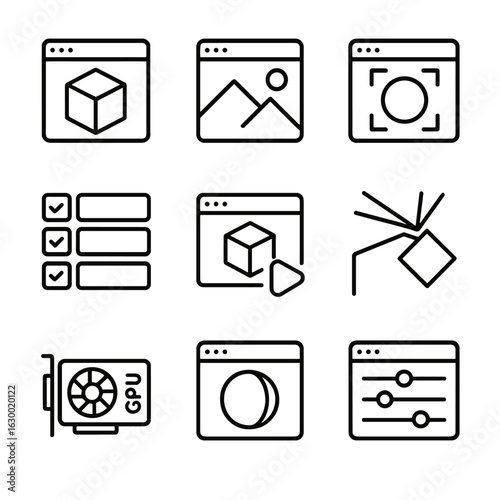 3D Render Icon Set. Outline icon set of rendering output: 3D render, image render, frame buffer, render queue, real-time preview,