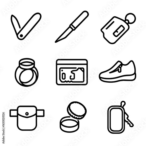 Hidden Tool Icons. Outline icon set of hidden tools: foldable knife, pen with blade, keychain flashlight, secret compartment ring,
