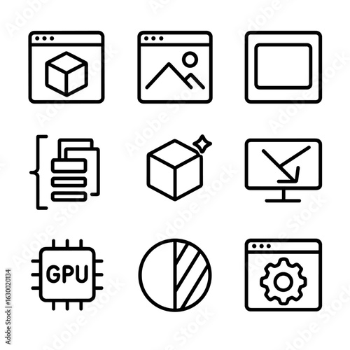 3D Render Icon Set. Outline icon set of rendering output: 3D render, image render, frame buffer, render queue, real-time preview,