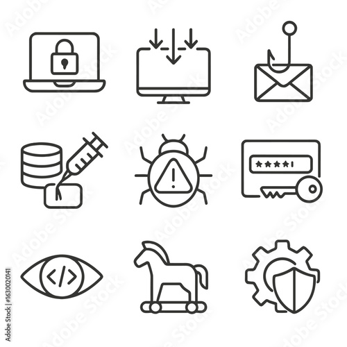 Cyberattack Icon Grid. Outline icon set of Cyberattack types: ransomware, DDoS attack, phishing hook, SQL