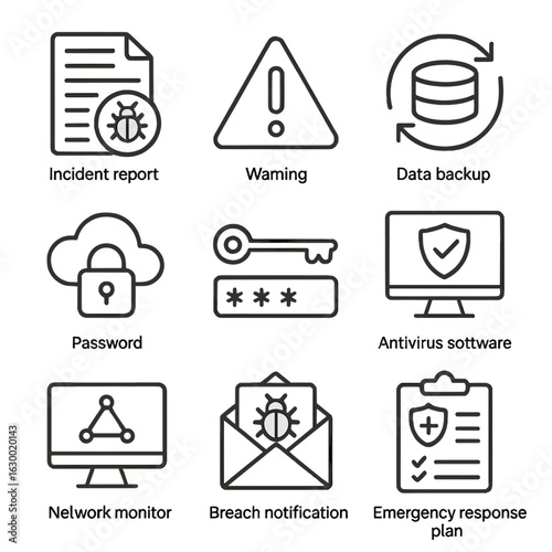 Cybersecurity Icon Set. Outline icon set of Cybersecurity incident management: incident report, warning