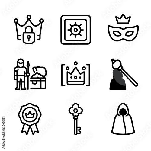 Hidden Royal Icons. Outline icon set of hidden royal power: crown with lock, secret vault, royal mask, guarded treasure, encrypted