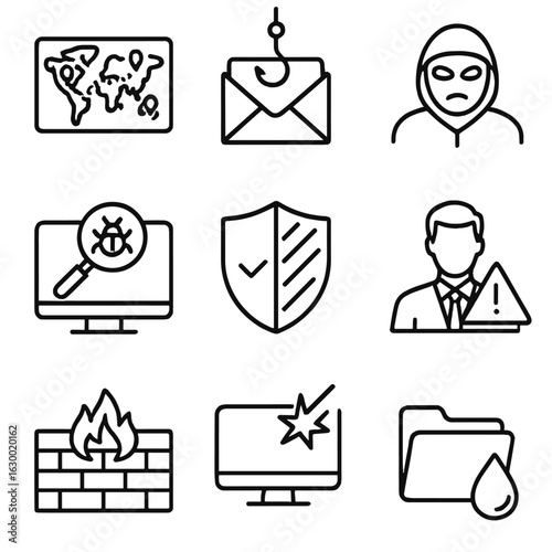 Cybersecurity Icon Set. Outline icon set of Threat intelligence and monitoring: threat map, phishing email,