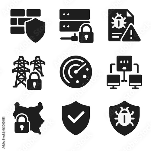 Cybersecurity Icon Set. Solid, filled icons set of securing critical national infrastructure from cyber