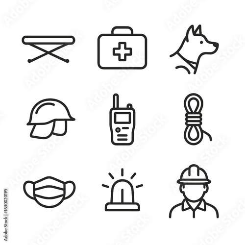 Rescue Equipment Icons. Outline icon set of wreckage rescue: stretcher, first aid kit, rescue dog, firefighter helmet,