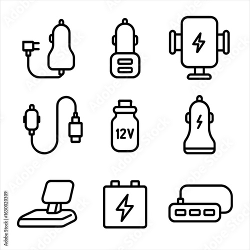 Car Charger Icons. Outline icon set of car chargers: car cigarette lighter charger, dual port charger, wireless car dock, cable in
