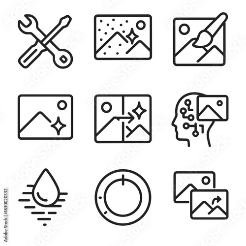 Image Restoration Icons. Outline icon set of JPEG restoration: repair tool, noise reduction icon, artifact removal brush, image