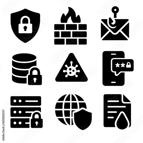 Cybersecurity Icon Grid. Solid, filled icons set of cybersecurity for digital marketing and advertising