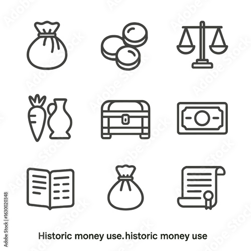 Historic Currency Icons. Outline icon set of historic money use: medieval coin pouch, gold coins, ancient scales, barter goods,