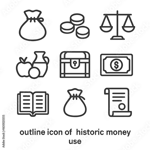 Historic Currency Icons. Outline icon set of historic money use: medieval coin pouch, gold coins, ancient scales, barter goods,