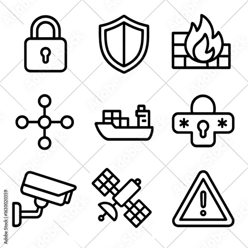 Cybersecurity Icon Grid. Outline icon set of cyber defense in supply chains: lock, shield, firewall, data