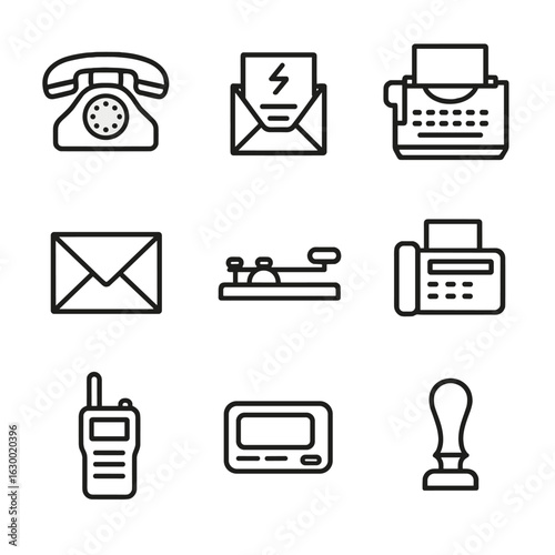 Retro Communication Icons. Outline icon set of retro communication: rotary phone, telegram, typewriter, mail envelope, telegraph,