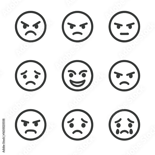 Revenge Emotions Icons. Outline icon set of revenge emotions: anger, hatred, determination, sadness, obsession, revenge smile,