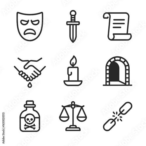 Revenge Icon Set. Outline icon set of revenge cultural elements: mask, dagger, scroll, blood oath, candle, secret passage, poison