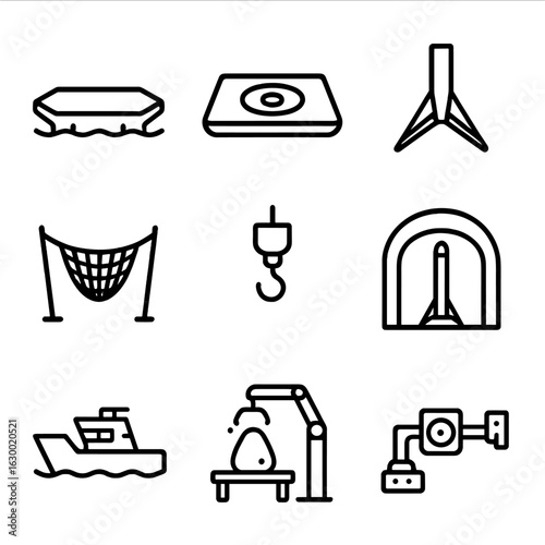 Reusable Launch Infrastructure Icons. Outline icon set of reusable launch infrastructure: landing barge, drone ship, booster legs,