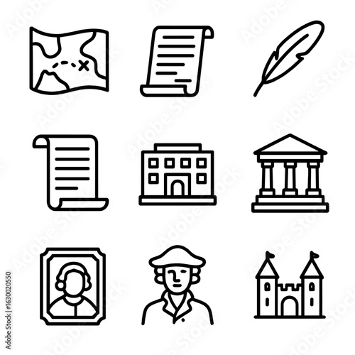 Historical Ancestry Icons. Outline icon set of historical ancestry research: old map, ancient manuscript, quill pen, scroll,