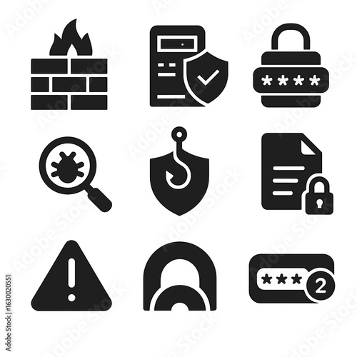 Cybersecurity Icons Grid. Solid, filled icons set of cybersecurity tools for marketing: firewall, secure