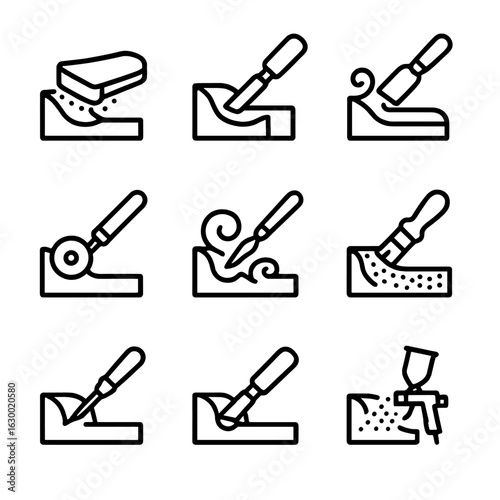 Carving Techniques Icons. Outline icon set of carving techniques: sanding, chiseling, smoothing, polishing, engraving, detailing,
