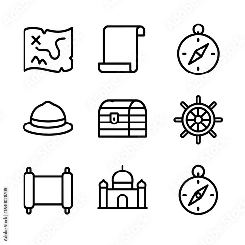 Historical Map Icons. Outline icon set of historical mapping: ancient map, parchment, compass, explorer hat, treasure chest, ship