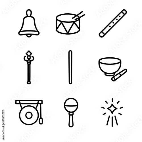Ritual Instrument Icons. Outline icon set of ritual instruments: bell, drum, flute, staff, wand, bowl, gong, rattle, chime. Line