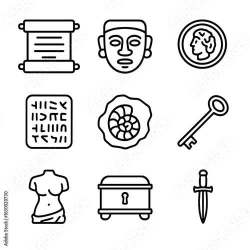 Historical Relics Icons. Outline icon set of historical relics: ancient scroll, ceremonial mask, old coin, clay tablet, fossil,