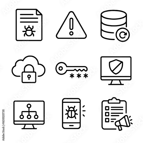 Cybersecurity Icon Set. Outline icon set of Cybersecurity incident management: incident report, warning