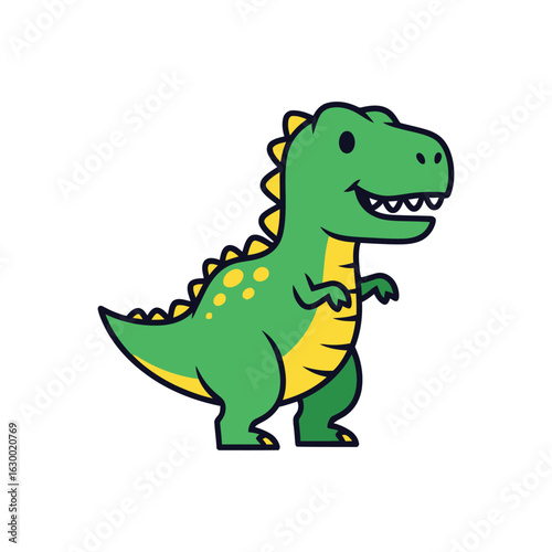 Cute green cartoon Tyrannosaurus Rex dinosaur with a friendly smile.