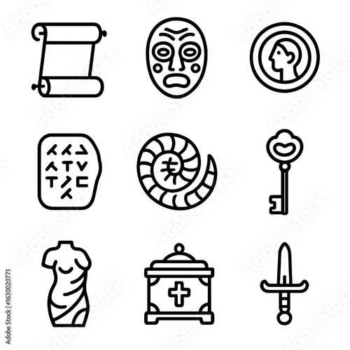 Historical Relics Icons. Outline icon set of historical relics: ancient scroll, ceremonial mask, old coin, clay tablet, fossil,