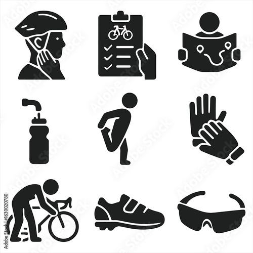 Cycling Icons Set. Solid, filled icons set of pre-ride cycling routine: helmet fitting, bike checklist, map